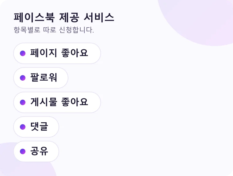 페이스북에서 신청할 수 있는 서비스 항목을 목록으로 정리한 그림