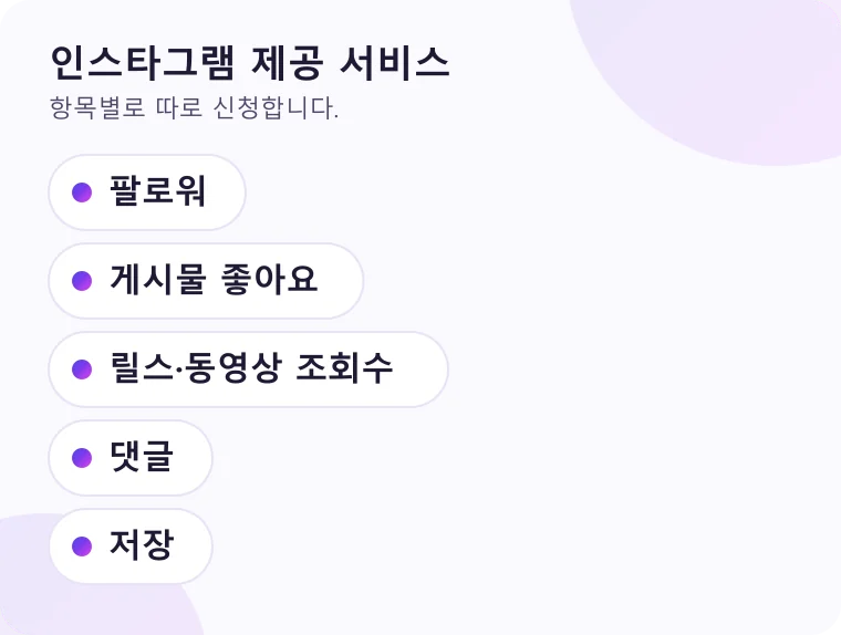 인스타그램에서 신청할 수 있는 서비스 항목을 목록으로 정리한 그림