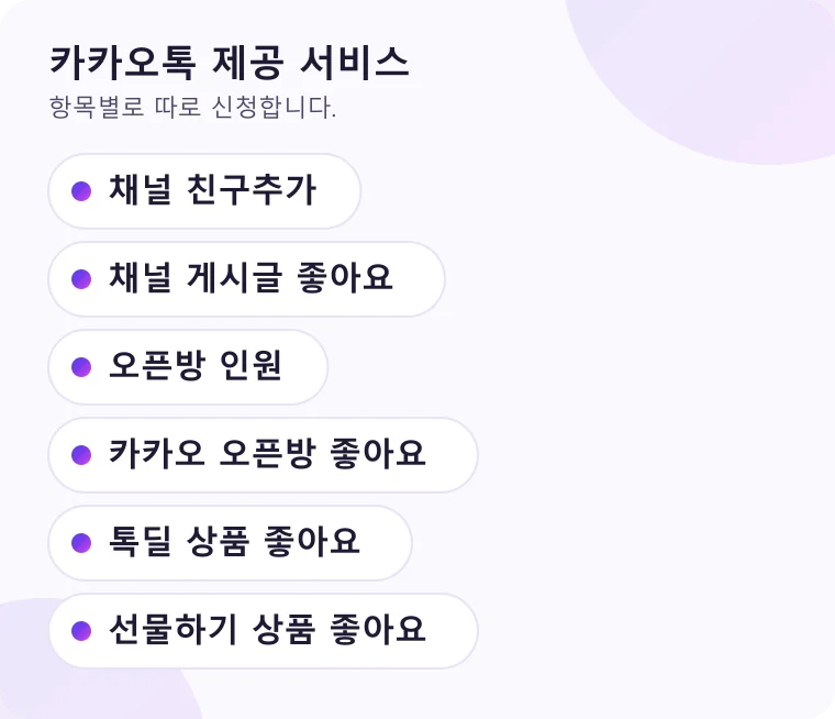 카카오톡에서 신청할 수 있는 서비스 항목을 목록으로 정리한 그림