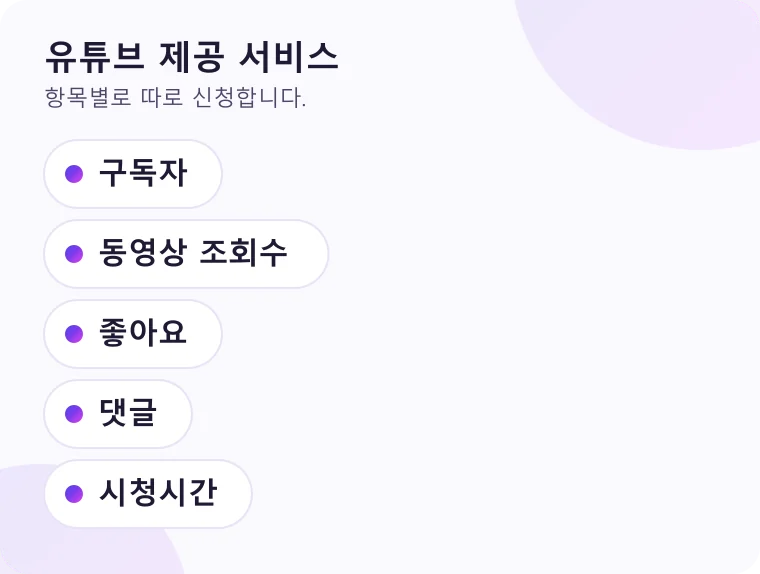 유튜브에서 신청할 수 있는 서비스 항목을 목록으로 정리한 그림